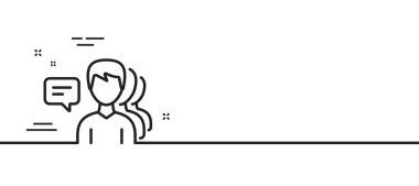 Erkekler Grubu çizgi simgesi. İnsan iletişim sembolü. Takım çalışması işareti. Asgari çizgi çizimi arka planı. İnsanlar ikon desenli pankart hattında. Beyaz ağ şablonu konsepti. Vektör