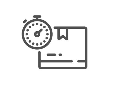 Karton kutu çizgisi simgesi. Depo işareti. Envanter paket zamanlayıcısı sembolü. Kalite tasarım elemanı. Doğrusal stil karton kutu simgesi. Düzenlenebilir felç. Vektör