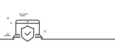 Laptop sigorta el hattı ikonu. Risk sigortası işareti. Defter koruma sembolü. Asgari çizgi çizimi arka planı. Laptop sigorta hattı ikon desenli pankart. Beyaz ağ şablonu konsepti. Vektör