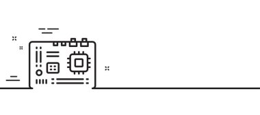 Anakart çizgisi simgesi. Bilgisayar bileşeni donanım işareti. Asgari çizgi çizimi arka planı. Anakart çizgi simge desenli pankart. Beyaz ağ şablonu konsepti. Vektör