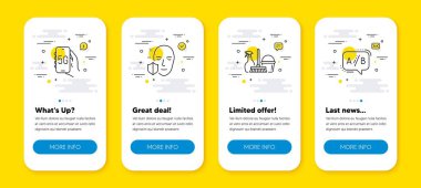 5G 'lik internet, Face koruması ve Household servis hattı simgelerinden oluşan vektör seti ayarlandı. Satır simgeli UI telefon uygulaması ekranları. Ab test simgesi. Telefon ağı, güvenli erişim, temizlik ekipmanları. Vektör