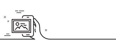 Resim albüm satırı simgesi. Telefon işareti. Akıllı telefon resim galerisi sembolü. Asgari çizgi çizimi arka planı. Resim albüm satırı simge desenli pankart. Beyaz ağ şablonu konsepti. Vektör