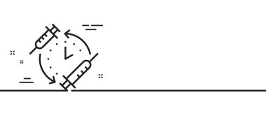Aşı çizelgesi simgesi. Aşı şırıngası işareti. İkinci enjeksiyon zaman sembolü. Asgari çizgi çizimi arka planı. Aşılama takvimi simge desenli pankart. Vektör