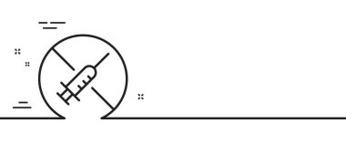 Aşı çizgisi simgesi yok. Aşı işaretini durdur. Şırınga saplama sembolü. Asgari çizgi çizimi arka planı. Aşı çizgisi ikon desenli pankart yok. Beyaz ağ şablonu konsepti. Vektör