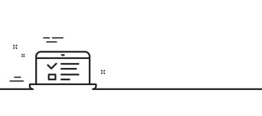 Çevrimiçi Eğitim Hattı simgesi. Not defteri ya da dizüstü bilgisayar işareti. Web Sunumu veya İnternet Dersleri sembolü. Asgari çizgi çizimi arka planı. Web konferansları çizgi simge desenli pankart. Vektör