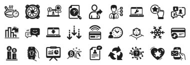 Bitcoin madenciliği, Mutlu duygu, Bilgisayar hayran simgeleri gibi bir dizi teknoloji ikonu. Kızartma tavası, zaman yönetimi, video konferans tabelaları. İnternet indirme, destek sohbeti, sunum. Vektör