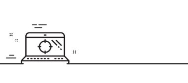 Seo dizüstü bilgisayar hattı simgesi. Arama motoru optimizasyon işareti. Hedef sembolünü hedef al. Asgari çizgi çizimi arka planı. Seo dizüstü bilgisayar çizgisi ikon desenli pankart. Beyaz ağ şablonu konsepti. Vektör