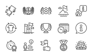 Spor ikonları hazır. Laureate, Bayraklar, En İyi Sonuç İşaretleri gibi simgeler de dahil. Liderlik, Galibiyet, Kupa Galibiyeti sembolleri. Arena Stadyumu, en iyi sıra, kardiyo takvimi. Üstünü değiştir, dağ bayrağı. Vektör