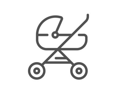Bebek arabası çizgisi ikonu. Bebek arabası tabelası. Bebek arabası sembolü. Kalite tasarım elemanı. Doğrusal stil bebek arabası ikonu. Düzenlenebilir felç. Vektör