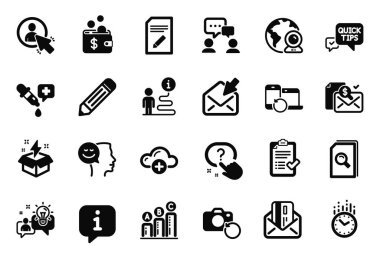 Bulut hesaplaması, iyi ruh hali ve fikir simgeleriyle ilgili Eğitim ikonlarının vektör kümesi. Kurtarma cihazları, kredi kartı ve soru düğmesi işaretleri. Arama dosyaları, Kurtarma fotoğrafı ve yaratıcı fikir. Vektör