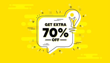 Satıştan% 70 indirim al. Sarı sohbet pankartı fikri. İndirimli fiyat tabelası. Özel teklif sembolü. Yüzde 70 tasarruf et. Ekstra indirimli sohbet mesajı ampulü. Vektör