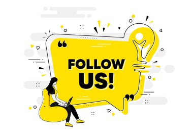 Mesajımızı takip et. Kişi ile sohbet pankartı. Özel teklif işareti. Süper teklif sembolü. Sohbet mesajı ampulünü takip et. Fikir ampulü insanların arka planında. Vektör
