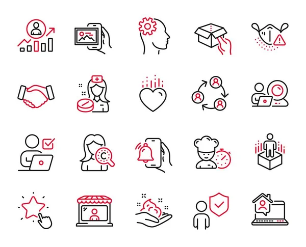 Takım çalışması, Güvenlik ve Tıbbi maske simgeleriyle ilgili vektör kümesi simgeleri. Mühendislik, alarmlı saat ve Şef işaretleri. Resim albümü, Hemşire ve Online oylama. Evde çalış, Kolajen Cilt. Vektör