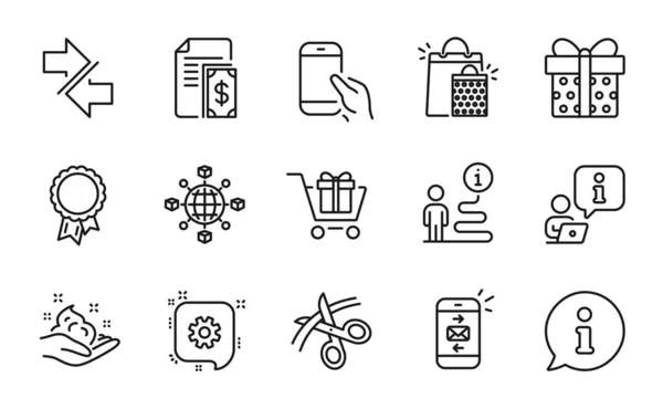线图标设置 包括图标 如持有智能手机 购物袋 同步标志 物流网络 礼品盒 邮件符号 购物车 Cogwheel — 图库矢量图片