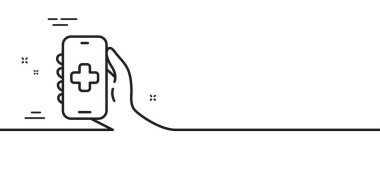 Sağlık telefonu uygulama hattı simgesi. Sağlık sigortası işareti. İnternetteki doktor sembolü. Asgari çizgi çizimi arka planı. Sağlık uygulaması ikon desenli pankart. Beyaz ağ şablonu konsepti. Vektör