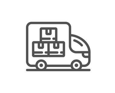 Teslimat kamyonu ikonu. Depo kutuları imzası. Toptan mal sembolü. Kalite tasarım elemanı. Doğrusal dağıtım kamyonu simgesi. Düzenlenebilir felç. Vektör