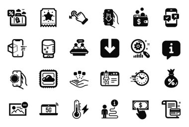 Covid uygulaması, belge yükleme ve konsolidasyon simgeleriyle ilgili vektör kümesi teknoloji simgeleri. Elektrik gücü, çalışanlar konuşuyor ve sadakat biletleri yazıyor. Seyahat kredisi, su soğutucusu ve zamanlayıcı. Vektör