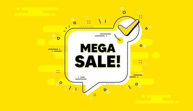 Mega-Sale metni. Sarı sohbet pankartını işaretle. Özel fiyat tabelası. Reklam indirimi sembolü. Mega satışları sohbet mesajını onayladı. Kontrol listesi geçmişi. Vektör