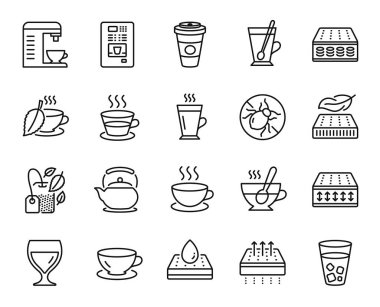 Esnek şilte, Cappuccino ve yatak çizgisi simgeleri seti. Çay fincanı, kahve makinesi ve çaydanlık ikonları. Espresso, paket kahve ve nane çayı tabelaları. Esnek şilte web sembolü. Vektör