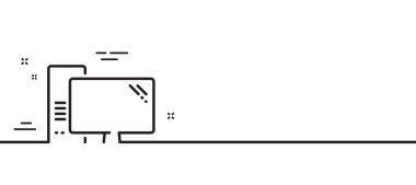 Bilgisayar çizgisi simgesi. Bilgisayar bileşeni işareti. Dava sembollü monitör. Asgari çizgi çizimi arka planı. Bilgisayar çizgisi simge pankartı. Beyaz ağ şablonu konsepti. Vektör