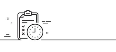 Sınav zaman çizelgesi simgesi. Kontrol listesi işareti. Asgari çizgi çizimi arka planı. Sınav zaman çizgisi simge pankartı. Beyaz ağ şablonu konsepti. Vektör