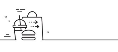 Yemek dağıtım hattı ikonu. Yumuşak içecek işaretli çizburger. Yemek servisi sembolü. Asgari çizgi çizimi arka planı. Yemek dağıtım hattı ikon desenli pankart. Beyaz ağ şablonu konsepti. Vektör