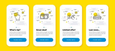 Dokunmatik ekran jestleri, Ödeme ve Bitcoin maden çizgisi simgeleri hazır. Satır simgeli UI telefon uygulaması ekranları. Arena Stadyumu ikonu. Sağa kay, Finans, Kripto para birimi kazması. Vektör