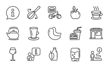 Yiyecek ve içecekler belirlenmiştir. Kaju fıstığı, kahve fincanı, Bordeaux cam tabelaları gibi ikonlar da var. Yemek teslimatı, yemek çırpma, çaydanlık sembolleri. Su soğutucusu, su şişesi, eko-yiyecek. Çay fincanı, Market. Vektör