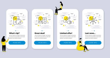 Teknik algoritma, elektrik prizi, strateji simgeleri gibi iş simgeleri. İnsanlarla UI telefon uygulaması ekranları. Ağ çizgisi sembolleri. Proje doktoru, elektrik enerjisi, bulmaca. Vektör