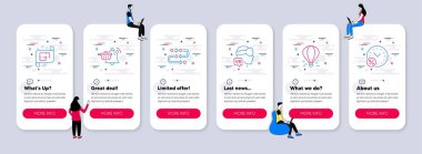 Mimari plan, Metodoloji ve Artırılmış Gerçeklik simgeleriyle ilgili Vektör İş Dizisi simgeleri. Takım çalışmalı UI telefon uygulaması ekranları. Vektör