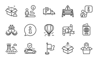 Ulaşım simgeleri ayarlandı. Gönderme kutusu, deniz feneri, hava balonu tabelaları gibi simgeler de dahil. Varış bayrağı, Bayrak, Kamyon park simgeleri. Teslimat uyarısı, Gemi, Uyarı yolu. Pasaport. Vektör