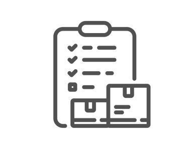 Envanter listesindeki satır simgesi. Depo levhası. Toptan mal sembolü. Kalite tasarım elemanı. Doğrusal biçim envanter listesi simgesi. Düzenlenebilir felç. Vektör