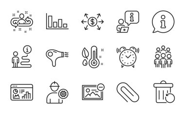 İş simgeleri ayarlandı. Saç kurutma makinesi olarak simge, alarm saati, ataç tabelaları dahil. Tarih, Seo istatistikleri, dolar değişim sembolleri. Grup üyeleri, termometre, işe alım. Resmi kaldır. Vektör