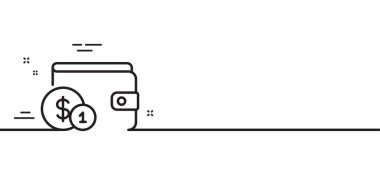 Nakit para çizgisi ikonlu cüzdan. Para birimi işareti. Ödeme yöntemi sembolü. Asgari çizgi çizimi arka planı. Aksesuar çizgi simge desenli pankart alınıyor. Beyaz ağ şablonu konsepti. Vektör