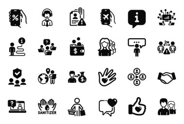 Alıcı ile ilgili vektör kümesi simgeleri, el ve nakliye destek simgeleri gibi. Danışmanlık işi, uçuş modu ve arama çalışanları. El sıkışma, sosyal sorumluluk ve takım çalışması. Vektör