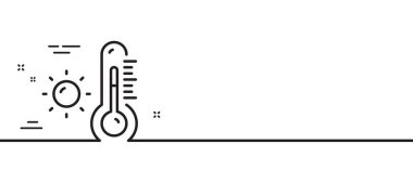 Termometre çizgisi simgesi. Hava sıcaklığı işareti. Ateş ölçme sembolü. Asgari çizgi çizimi arka planı. Hava durumu termometre çizgisi ikon desenli pankart. Beyaz ağ şablonu konsepti. Vektör
