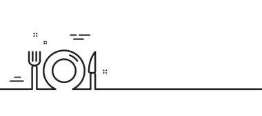 Yemek çizgisi ikonu. Restoran tabelası. Çatal, bıçak ve plaka sembolü. Asgari çizgi çizimi arka planı. Yemek hattı ikon desenli pankart. Beyaz ağ şablonu konsepti. Vektör