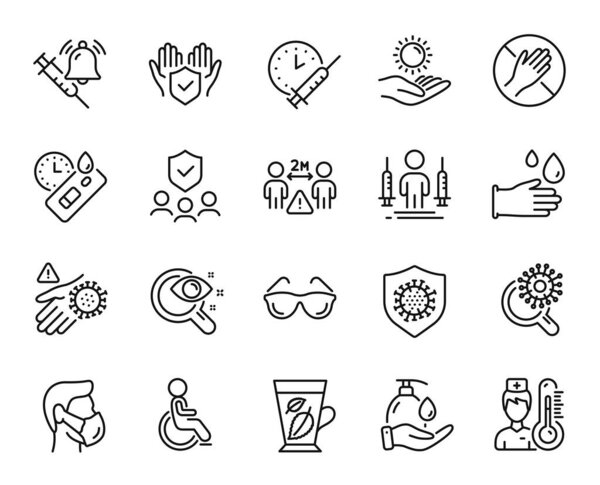 Vector set of Eyeglasses, Coronavirus injections and Wash hands line icons set. Covid test, Social distance and Coronavirus icons. Vision test, Medical mask and Mint leaves signs. Vector