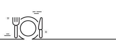 Restoran yemek hattı ikonu. Yemek tabelası. Otel servis sembolü. Asgari çizgi çizimi arka planı. Restoran yemek hattı ikon desenli pankart. Beyaz ağ şablonu konsepti. Vektör