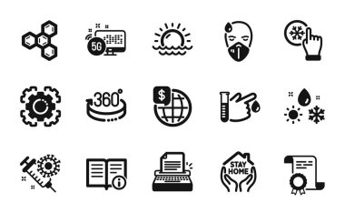 Dondurucu tıkırtı vektör seti, Coronavirus aşısı ve daktilo simgeleri basit seti. 360 derece, kan bağışı ve kimyasal formül ikonları. Sertifika, evde kal ve 5G internet tabelaları. Vektör