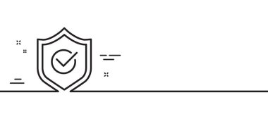 Onaylanmış kalkan çizgisi simgesi. Kabul edildi ya da onaylandı. Koruma sembolü. Asgari çizgi çizimi arka planı. Onaylanmış kalkan çizgisi simge pankartı. Beyaz ağ şablonu konsepti. Vektör