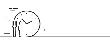 Yemek zamanı ikonu. Yemek siparişi saat işareti. Restoranın açılış saati sembolü. Asgari çizgi çizimi arka planı. Yemek zamanı ikon desenli pankart. Beyaz ağ şablonu konsepti. Vektör