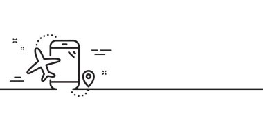 Uçuş başvuru satırı simgesi. Uçak telefonu uygulama işareti. Havaalanı bilgi sembolü. Asgari çizgi çizimi arka planı. Uçuş uygulaması simge desenli pankart. Vektör