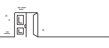 Kapı çizgisi simgesini aç. Giriş kapısı işareti. Çıkış sembolü oluşturuluyor. Asgari çizgi çizimi arka planı. Kapı çizgisi simge pankartını aç. Beyaz ağ şablonu konsepti. Vektör