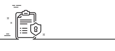 Kontrol listesi simgesi. Gizlilik politikası belgesi imzası. Asgari çizgi çizimi arka planı. Gizlilik politikası ikon desenli pankart. Beyaz ağ şablonu konsepti. Vektör