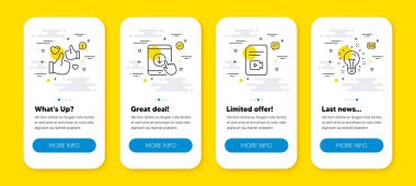 Video dosyasının vektör kümesi, aşağı kaydır ve satır simgeleri gibi ayarlandı. Satır simgeli UI telefon uygulaması ekranları. Fikir simgesi. Vlog sayfası, Swipe oku, Başparmaklar yukarı. Yaratıcılık. UI pankartlarını arayın. Vektör