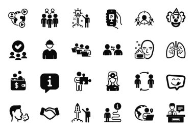 Bulmaca, göz doktoru ve takım çalışması simgeleriyle ilgili vektör kümesi simgeleri. Grup üyeleri, onaylanmış grup ve video konferans tabelaları. Yüz kremi, iletişim ve tokalaşma. Öksür. Vektör