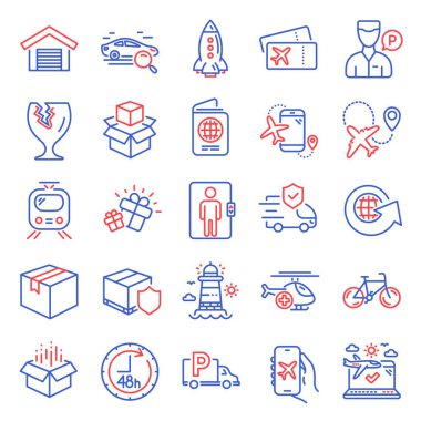Transportation icons set. Included icon as Search car, World globe, Medical helicopter signs. Passport, Parking garage, Rocket symbols. Lighthouse, Truck parking, Valet servant. Parcel. Vector clipart