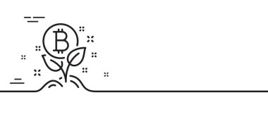 Bitcoin çizgisi simgesi. Şifreleme başlangıç işareti. Kripto yaprağı sembolü. Asgari çizgi çizimi arka planı. Bitcoin proje çizgisi simge desenli afişi. Beyaz ağ şablonu konsepti. Vektör