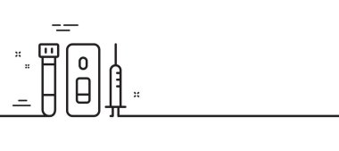 Aşı şırınga çizgisi ikonu. Coronavirus kanı ve tükürük testi işareti. Aşı sembolü. Asgari çizgi çizimi arka planı. Kan ve tükürük test çizgisi ikon desenli pankart. Vektör